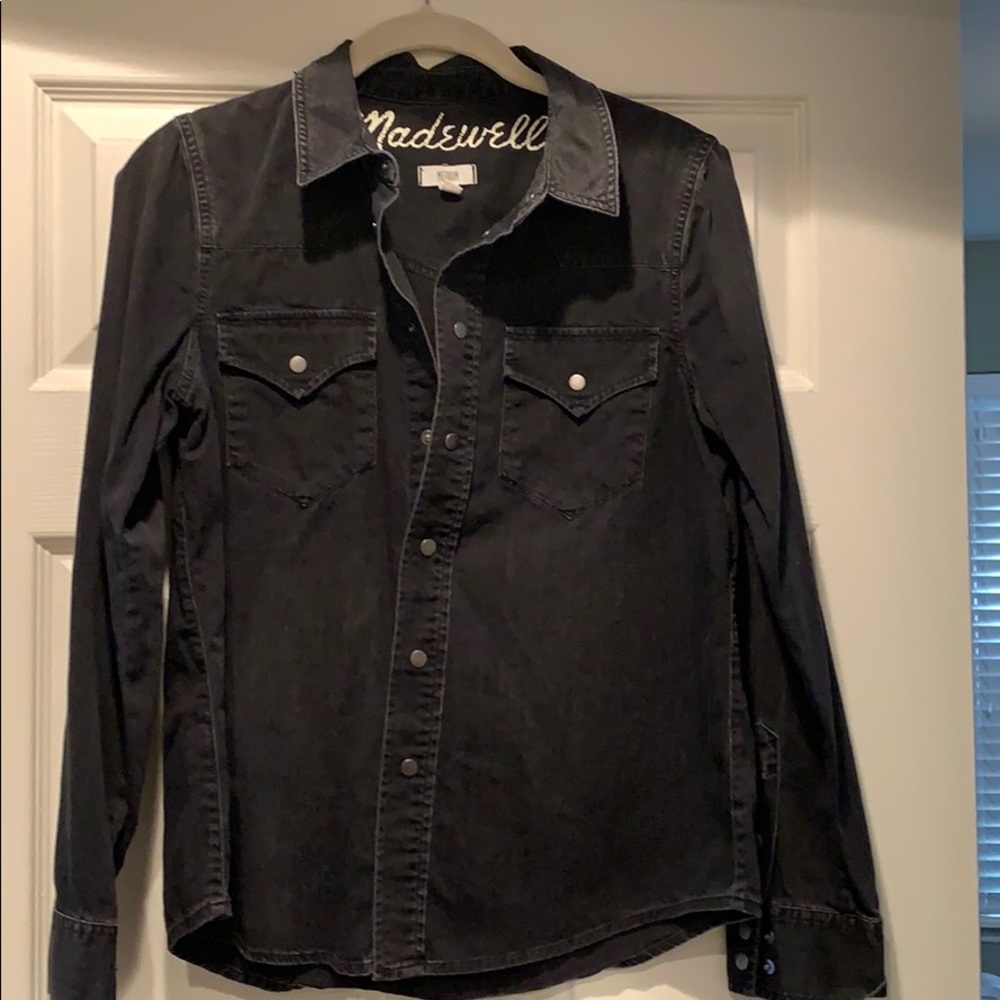 Distressed black button up